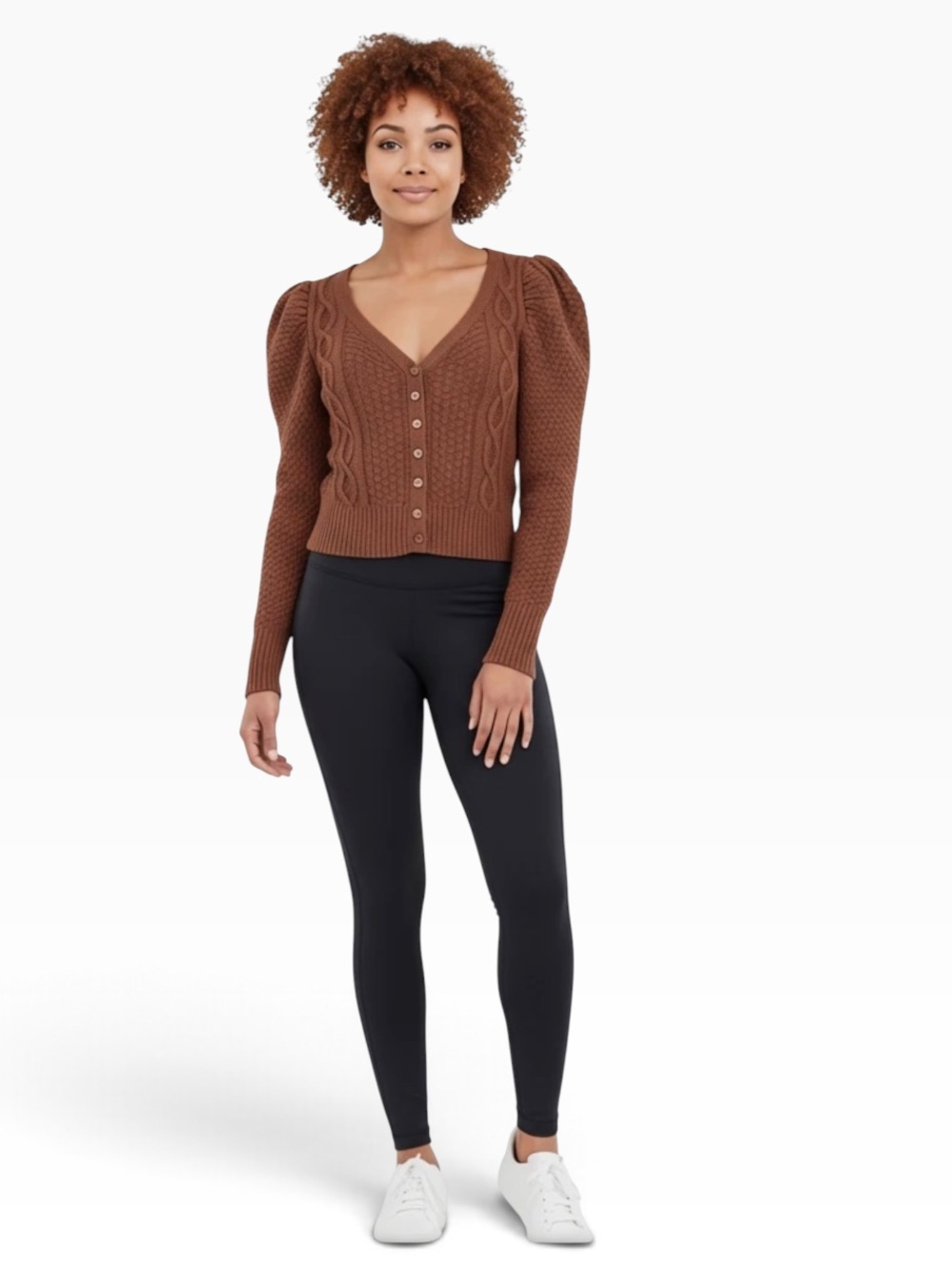 Abercrombie & Fitch Brown Cable-Knit Puff-Sleeve Cardigan